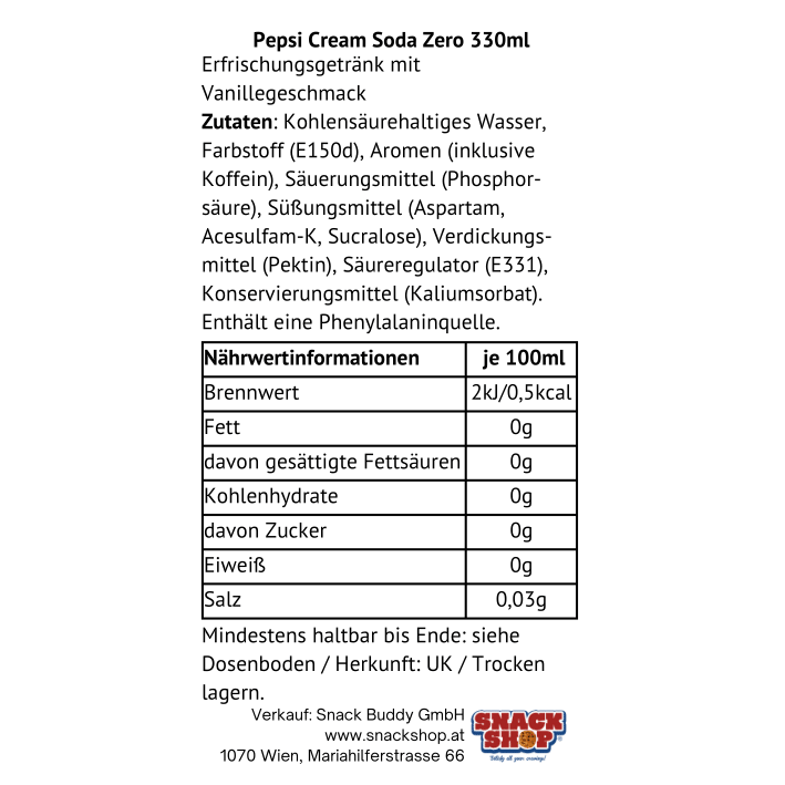 Pepsi Cream Soda Flavour Zero UK-SNACK SHOP AUSTRIA-SNACK SHOP AUSTRIA